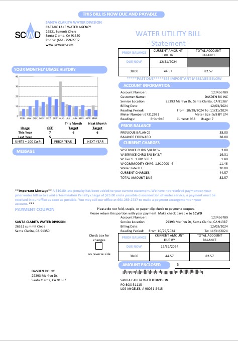 USA California Santa Clarita Water Division (SCWD) business utility bill template in Word and PDF formats